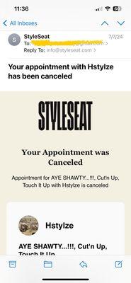 Appointment canceled on 7/7/24 2 days before my appointment.