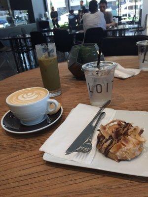 Matcha tea and latte plus a Samoa donut.