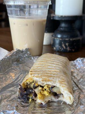 Tofu breakfast burrito with the Campfire coffee (cinnamon, honey, and vanilla).