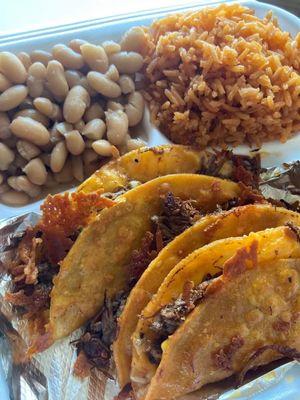 A QuesaBirria Plate (3 Tacos of your choice w/h rice and beans)