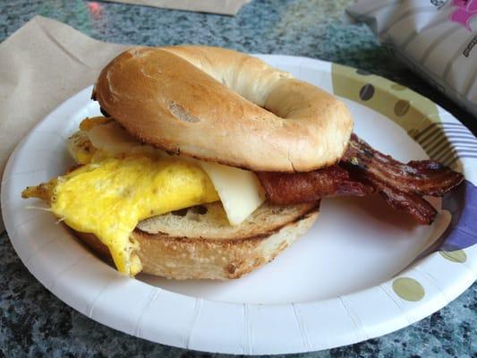 Fresh bagel breakfast sandwich. Eggs, cheese and Top quality bacon ..yummmm