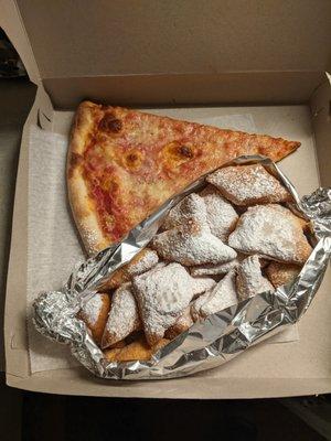 Cheese slice with order of zeppoles.