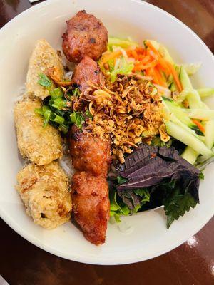 Bun nem nuong cha gio. Vermicelli noodle bowl with pork balls and egg roll. EXCELLENT