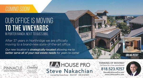 We're moving!After 37 years in Northridge, it's finally time to move onto bigger and batter. We are happy to move to Vineyards Porter Ranch.