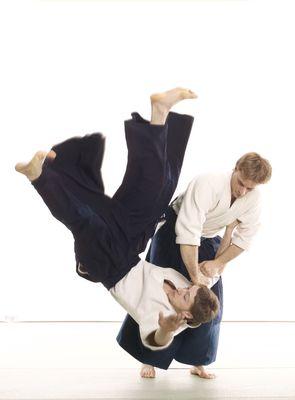 Aikido emphasizes throwing, pinning and choking techniques rather than strikes and kicks.