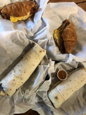 Breakfast sandwiches and burritos