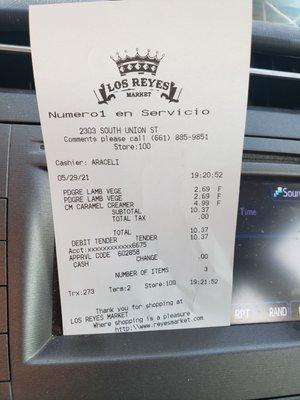 The receipt for what I paid for Coffee-mate creamer 32 oz bottle and two Pedigree dog food cans. Grotesquely overpriced.