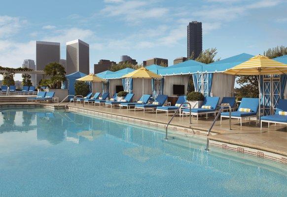 Views of Century City from the roof top pool and jacuzzi. Surrounding the pool are 12 newly redesigned private cabanas.