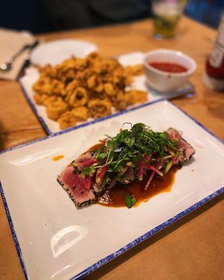 Ahi tuna and calamari appetizers.