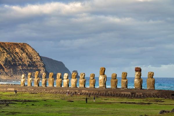 Moai facing inland at Ahu Tongariki, restored by Chilean archaeologist Claudio Cristino in the 1990s