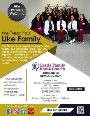 Castle Family Health Centers, Inc. is proud to announce our newest clinic location - Atwater Clinic @ 1775 Third Street, in Atwater.