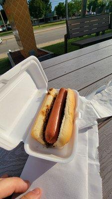 Chili Dog Microwaved hot dog in a grocery store bun with a little Manwich.  Probably not worth the $5 price.