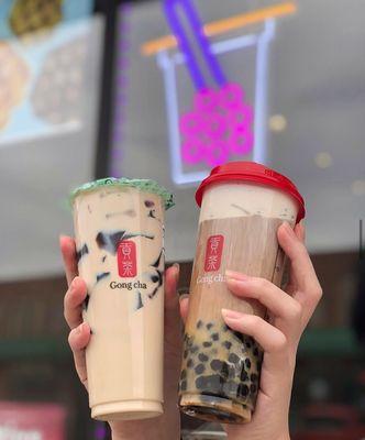 Left Earl Grey Milk Tea with Herb Jelly  
Right Dirty Brown Sugar Milk Tea with Pearl