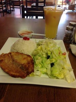 House salad with homemade lime dressing, Tilapia and rice, and homemade passion fruit juice.