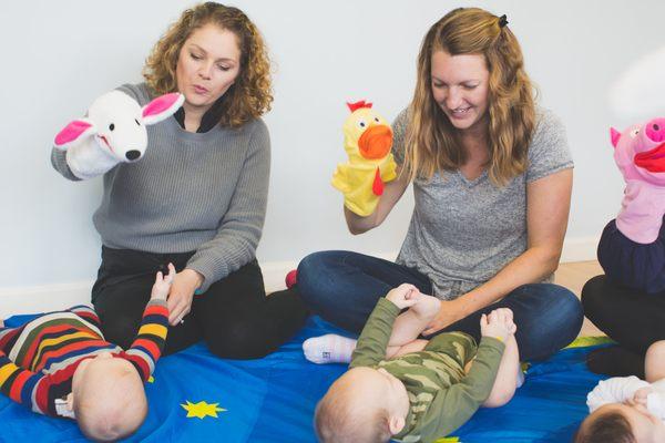 Puppets & other exciting props are used with our infants to develop eye-tracking, focus & attention, sound awareness, eye-hand coordination!