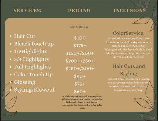 Pricing menu