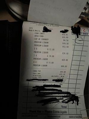 Receipt for drinks and apps