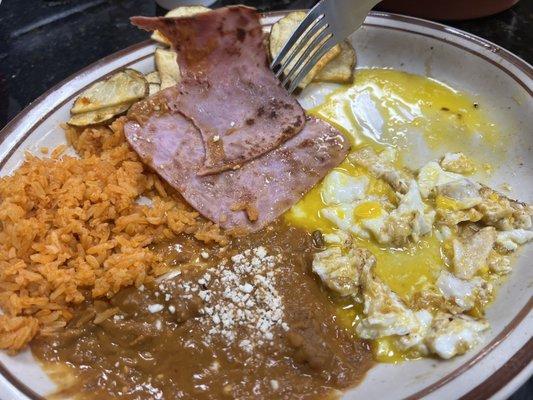 Ham and eggs with beans n rice