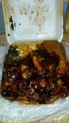 About 16$ I have 6 bbq wings and 3 sides yams mac n cheese and greens. The portions are HUGE!!!