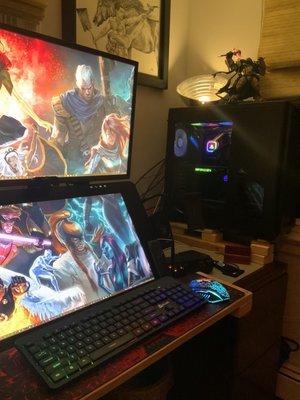 My set up! Killer! Asus mobo with an i9, 64 RAM, two 4K monitors (one a Cintiq).