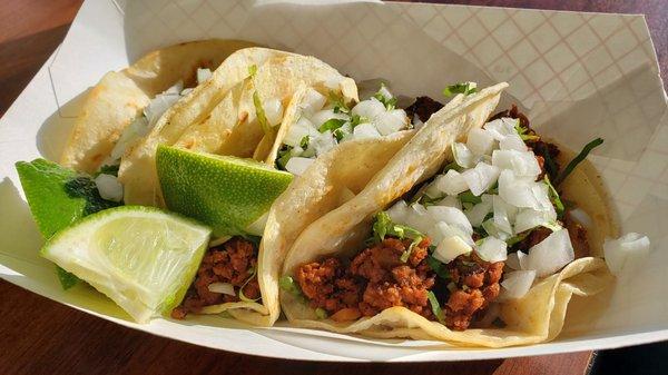 Soy meat tacos ($3.25 each), vegan by default. Delicious and authentic.