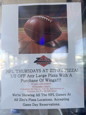 NFL Thursday deal! 1/2 OFF any large pizza with a purchase of an order of wings