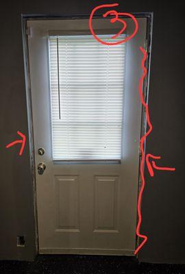 The drywall installed around the door is crooked and now the door cannot be properly framed.