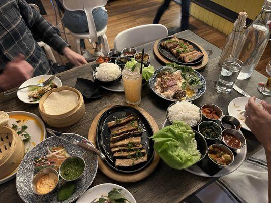 Pork belly lettuce wraps and some beef dish