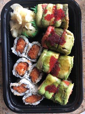 Spicy Salmon Roll (Left) Sweet Plus Roll (Right) Take out includes a little soy sauce dish!