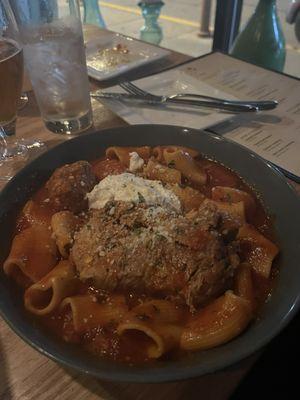 Rigatoni w Sunday gravy and pork shoulder and meatball