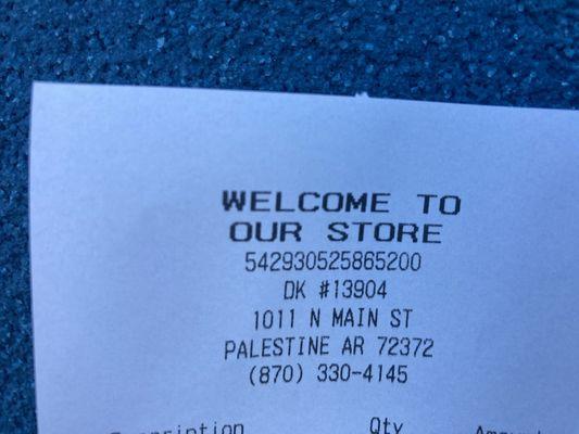 facility information printed at top of cash register receipt