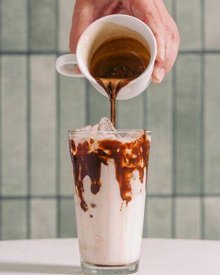 Espresso over chocolate and milk