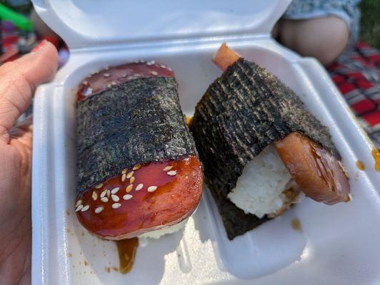 Spam Musubi - 4 stars. Lovely spam and sauce, but the seaweed was a little stale and not easy to bite through. Fri takeout lunch 2024-07-05