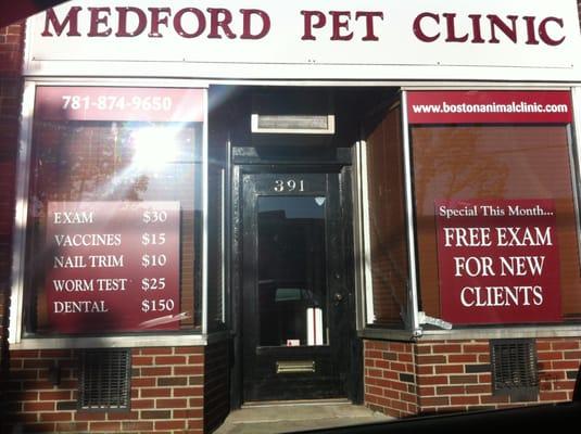 The front of the clinic, with some prices listed.