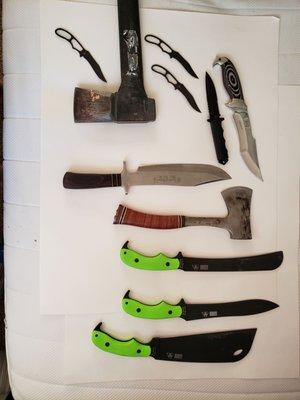 KA - Bars, China cheapie, coupla collectors, full size axe, hand axe, and three tossers...