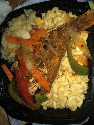 Jerk Snapper macaroni and cheese & cabbage