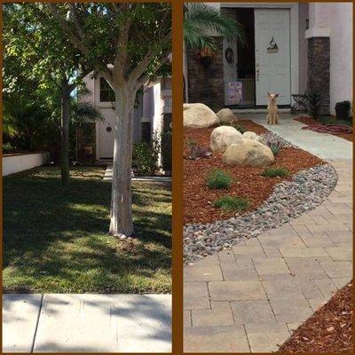 Before and after shots of our front yard. Love it! Our neighbor was so impressed that he continued the design on our adjoining property.