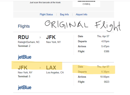 This was my original itinerary that I purchased from JetBlue.