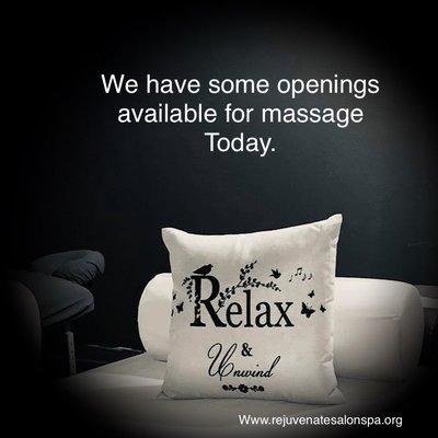 Therapeutic massage available. We have openings schedule online www.rejuvenatesalonspa.org