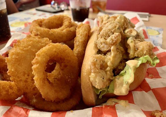 Shrimp po'boy sandwich $14 & side of onion rings $5