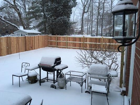 6' Scalloped Cedar Privacy Fence by Pioneer Fence. Double fence along one stretch, including 6x6 support posts.