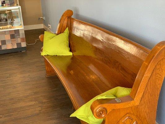 Nothing says relax like a church pew..... Ours is actually quite nice.