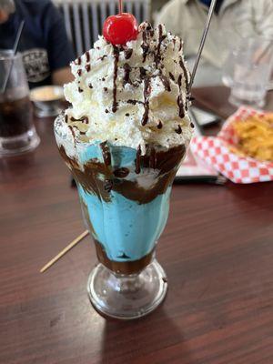 Cookie Monster ice cream sundae