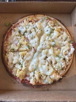 Gluten free grilled chicken pizza w/ green peppers, onions, pineapple