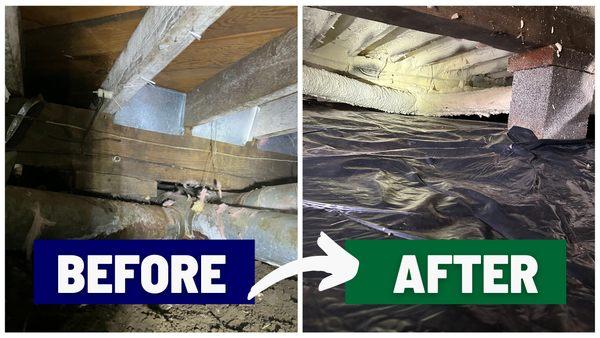 Before and after of a crawlspace with vapor barrier and spray foam insulation added to improve moisture control and energy efficiency.