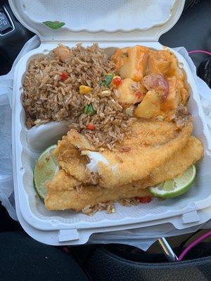 Fried catfish with fried rice & cheese potatoes