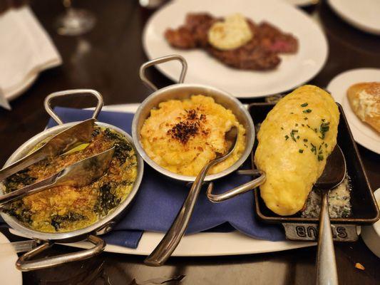 Creamed spinach, Mac and cheese, and scalloped potatoe sides