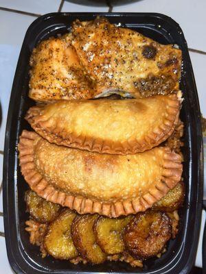 Glazed honey salmon, meat pies and plantain with jollof rice