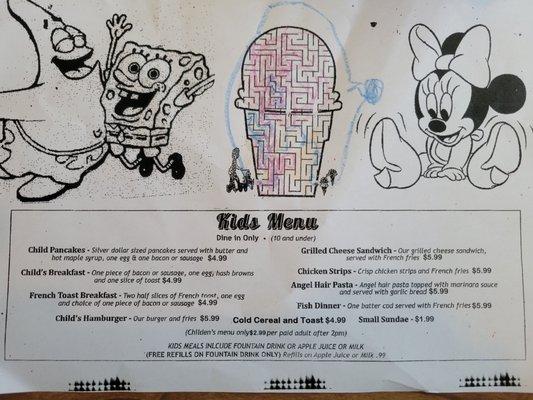 Kids menu. I haven't seen these prices in years.