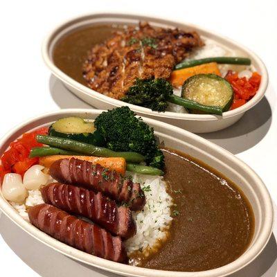 Grilled sausage with vegetable curry and chicken katsu with vegetable curry